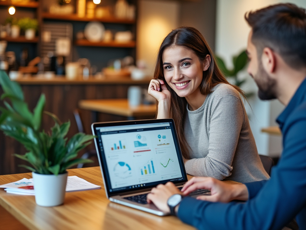 Sesión de consultoría digital en una cafetería, con una emprendedora recibiendo asesoría de un consultor en un ambiente casual