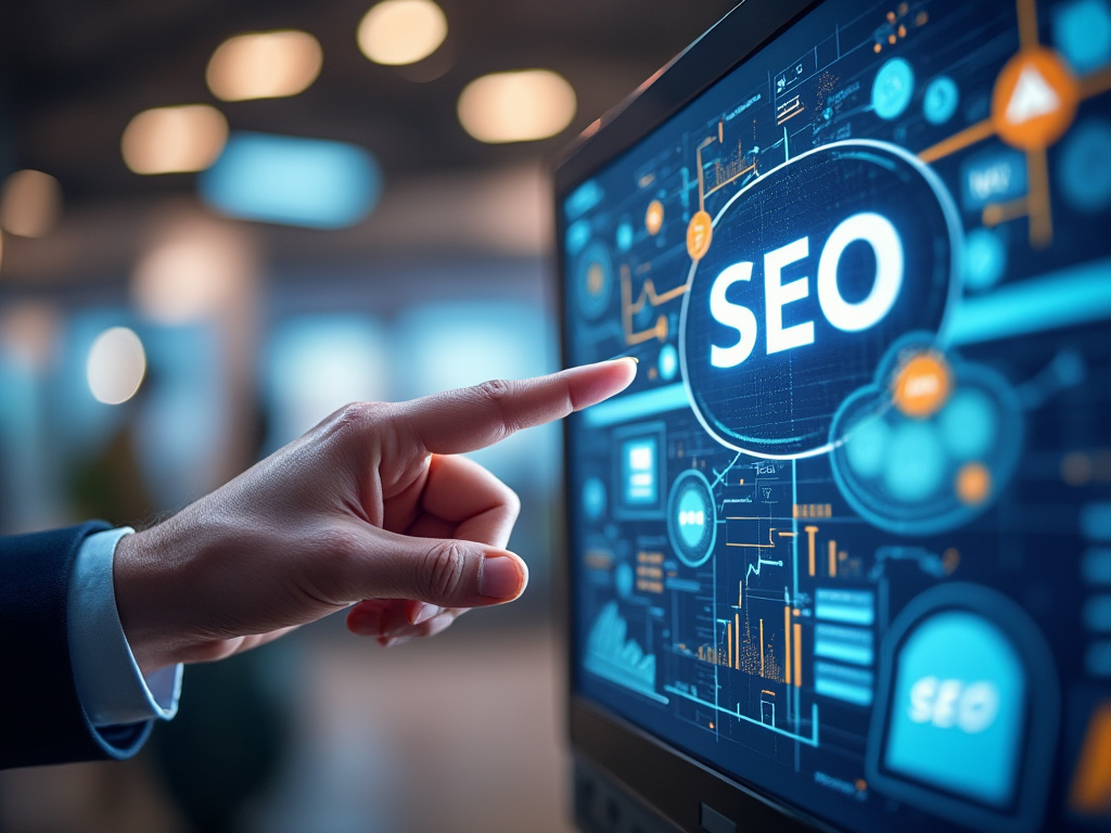 Mano señalando la palabra SEO en una pantalla con gráficos y estadísticas, representando una estrategia SEO para posicionar sitios web en los primeros lugares de búsqueda.