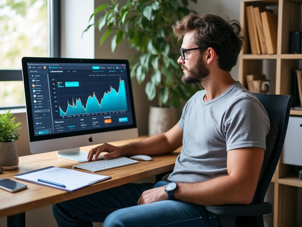 Dueño de negocio en vestimenta casual, jeans y camiseta, revisando el incremento en trafico de su pagina web en su computadora