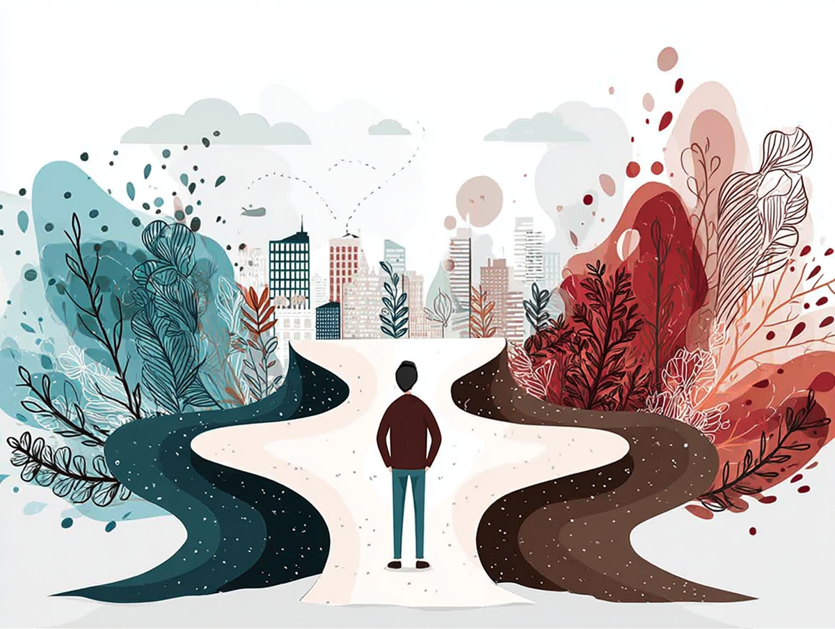 Camino dividido en dos: uno señalizado como 'Datos' y otro como 'Instinto', con una persona decidiendo cuál tomar