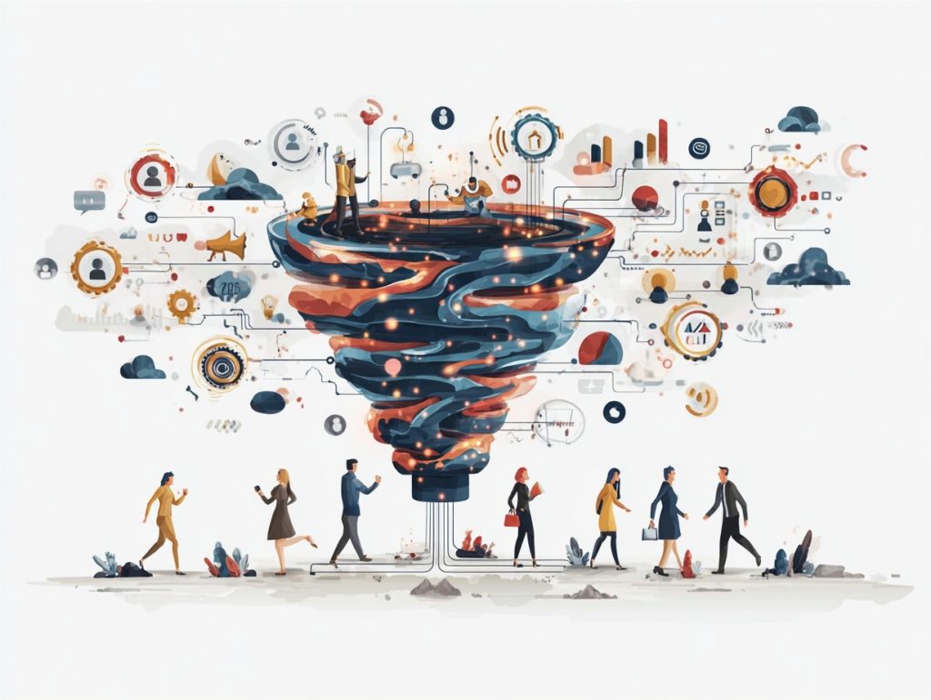 Visualización del dark funnel como embudo invisible con clientes fluyendo por canales ocultos