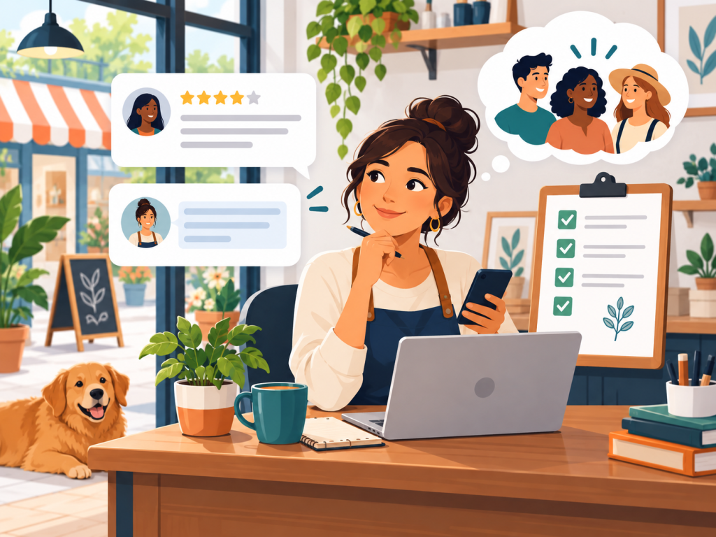 Consultora de negocio local redacta una respuesta útil a una reseña de cliente