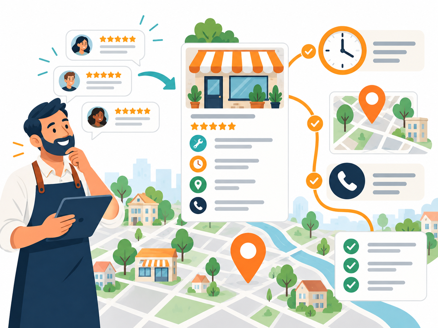 Mapa y ficha de negocio local conectan reseñas con horarios, ubicación y contacto