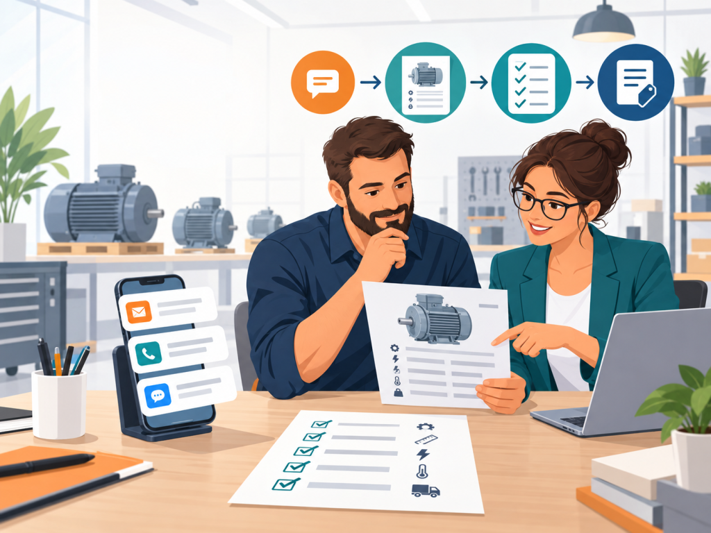 Consultor y empresaria revisan consultas sobre motores y preparan la información necesaria para responder